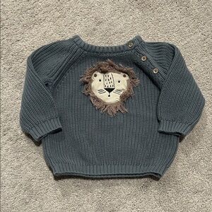 Viverano Organic Cotton Lion Appliqué Baby Pullover Sweater in Teal Blue 12-18 m